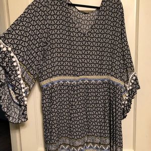 Printed mini dress with bell sleeves & Pom detail